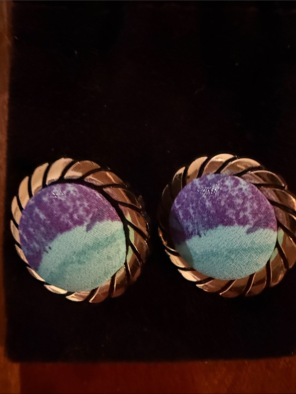 Blue & Purple Fabric Button Clip on Earrings - Women Jewelry